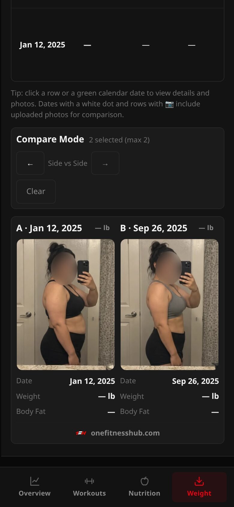 Compare Check-ins switched to Side: progress photos from two dates side by side, faces blurred.