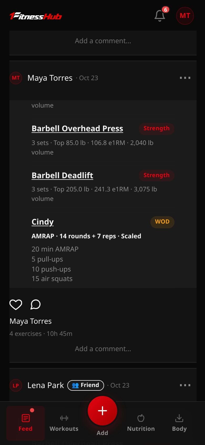 A shared session in the activity feed on a phone: an overhead press and deadlift, then Cindy as a WOD scored AMRAP 14 rounds + 7 reps, Scaled, with the workout text.