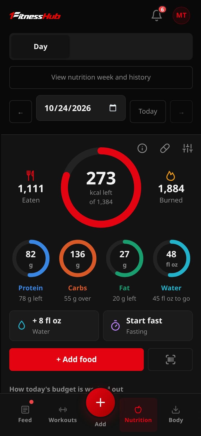 Nutrition's Day view on a phone: a calorie ring with 273 kcal left of 1,384, 1,111 eaten and 1,884 burned, protein, carb, fat and water rings, and Add food and Scan buttons.