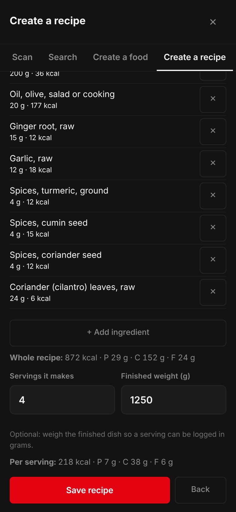 The Aloo gobi recipe on a phone: its ingredients and their calories, the whole recipe at 872 kcal, 4 servings, a finished weight of 1,250 g and 218 kcal per serving.