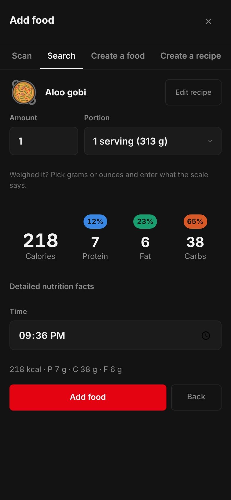 The saved Aloo gobi recipe ready to log: one serving of 313 g at 218 kcal with 7 g protein, 38 g carbs and 6 g fat.