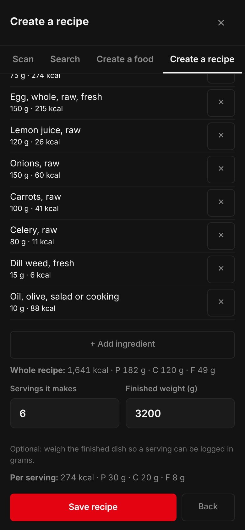 The Avgolemono soup recipe on a phone: its ingredients and their calories, the whole recipe at 1,641 kcal, 6 servings, a finished weight of 3,200 g and 274 kcal per serving.