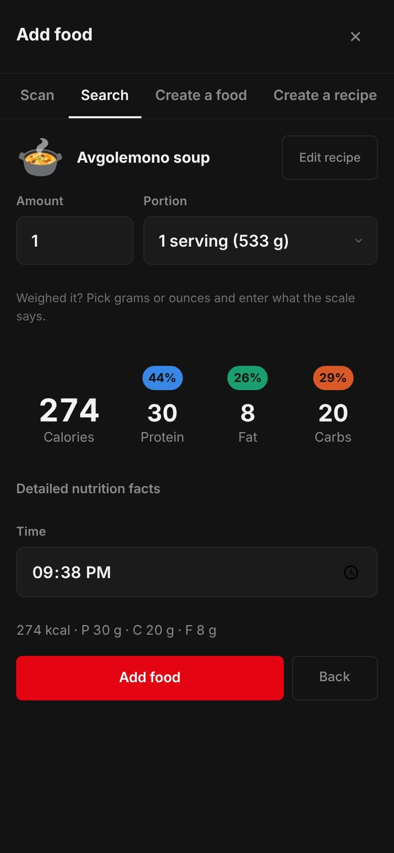The saved Avgolemono soup recipe ready to log: one serving of 533 g at 274 kcal with 30 g protein, 20 g carbs and 8 g fat.
