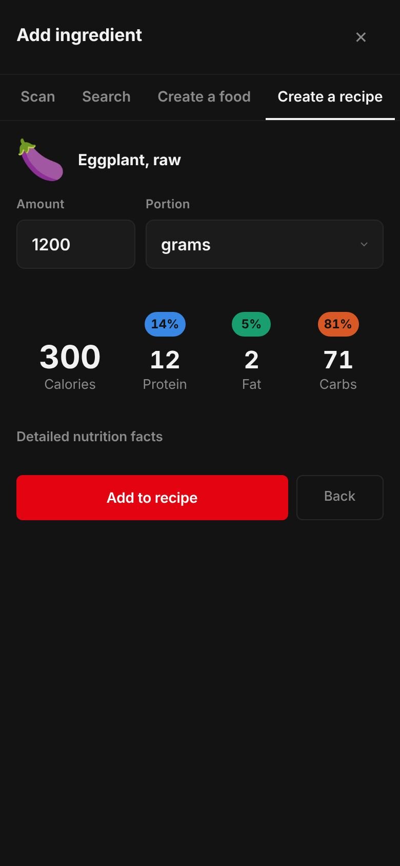 The amount sheet for eggplant, raw: 1,200 grams giving 300 calories, 12 g protein, 71 g carbs and 2 g fat, with an Add to recipe button.