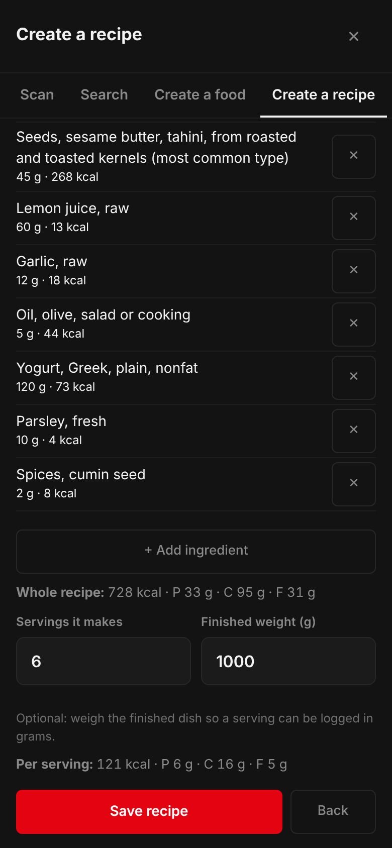The Baba ganoush recipe on a phone: its ingredients and their calories, the whole recipe at 728 kcal, 6 servings, a finished weight of 1,000 g and 121 kcal per serving.