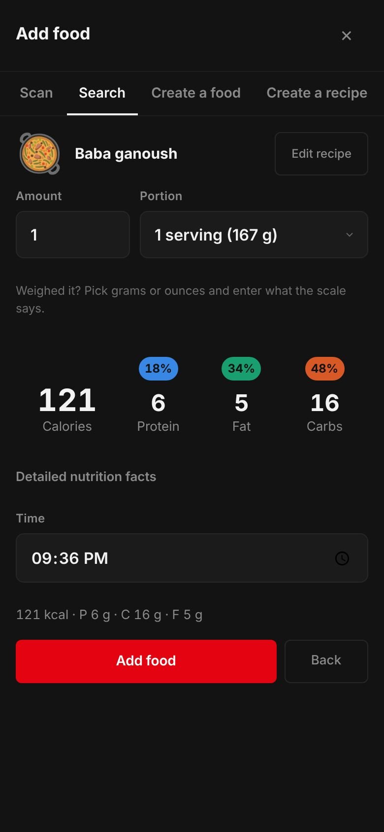 The saved Baba ganoush recipe ready to log: one serving of 167 g at 121 kcal with 6 g protein, 16 g carbs and 5 g fat.
