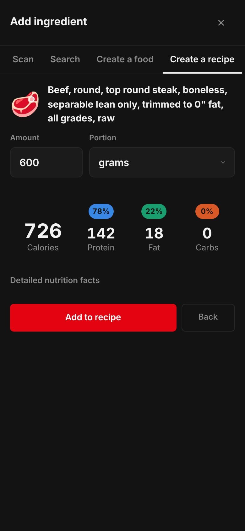 The amount sheet for beef, top round steak, lean only, raw: 600 grams giving 726 calories, 142 g protein, 0 g carbs and 18 g fat, with an Add to recipe button.