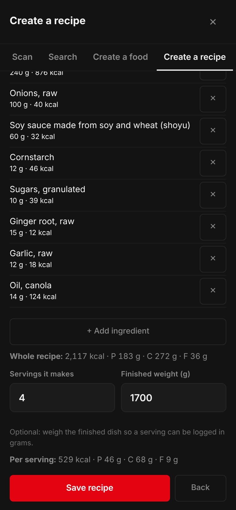 The Beef and broccoli recipe on a phone: its ingredients and their calories, the whole recipe at 2,117 kcal, 4 servings, a finished weight of 1,700 g and 529 kcal per serving.