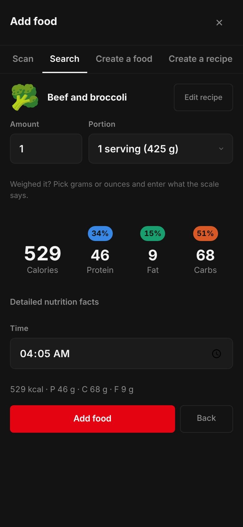 The saved Beef and broccoli recipe ready to log: one serving of 425 g at 529 kcal with 46 g protein, 68 g carbs and 9 g fat.