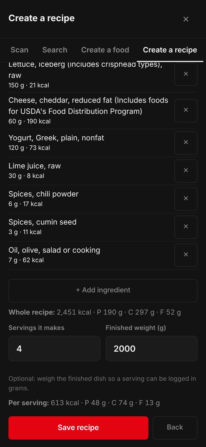 The Chicken burrito bowl recipe on a phone: its ingredients and their calories, the whole recipe at 2,451 kcal, 4 servings, a finished weight of 2,000 g and 613 kcal per serving.