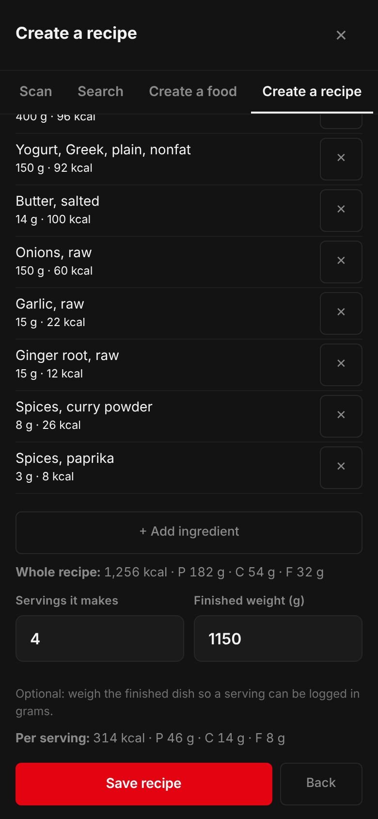 The Butter chicken recipe on a phone: its ingredients and their calories, the whole recipe at 1,993 kcal, 4 servings, a finished weight of 1,100 g and 498 kcal per serving.
