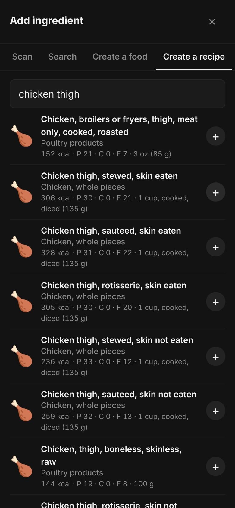 Add ingredient on a phone with “chicken thigh” typed in the search box and matching library entries listed, each with its calories and a portion.