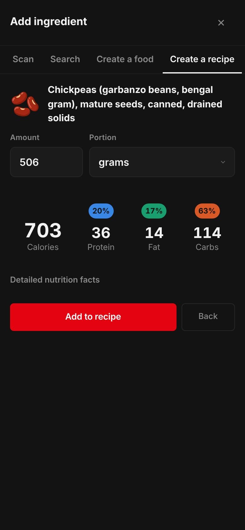 The amount sheet for chickpeas, canned, drained: 506 grams giving 703 calories, 36 g protein, 114 g carbs and 14 g fat, with an Add to recipe button.