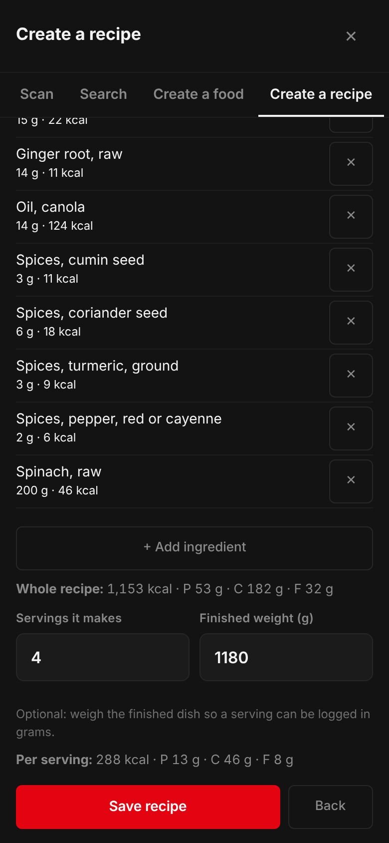 The Chana masala recipe on a phone: its ingredients and their calories, the whole recipe at 1,236 kcal, 4 servings, a finished weight of 1,050 g and 309 kcal per serving.