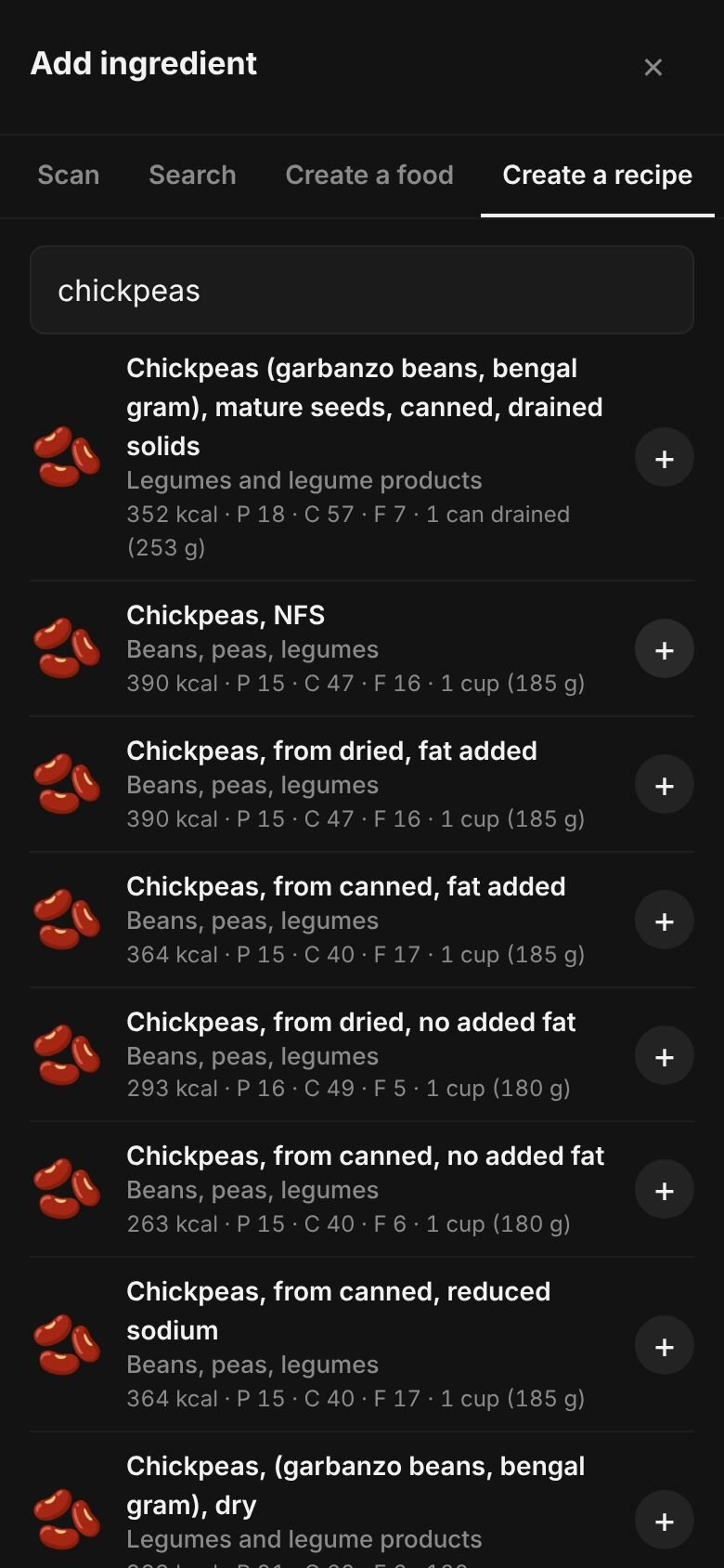 Add ingredient on a phone with “chickpeas” typed in the search box and matching library entries listed, each with its calories and a portion.