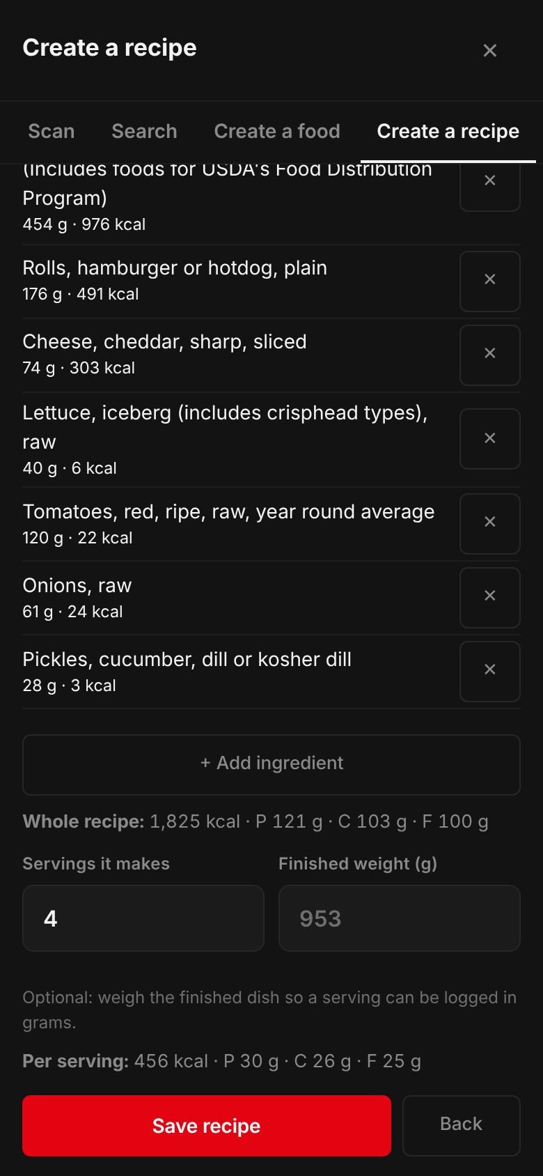 The Homemade cheeseburgers recipe on a phone: its ingredients and their calories, the whole recipe at 1,825 kcal, 4 servings and 456 kcal per serving.