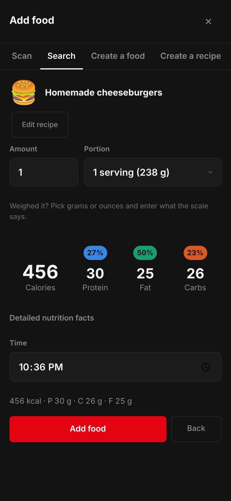 The saved Homemade cheeseburgers recipe ready to log: one serving of 238 g at 456 kcal with 30 g protein, 26 g carbs and 25 g fat.