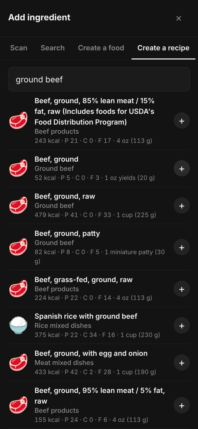 Add ingredient on a phone with “ground beef” typed in the search box and matching library entries listed, each with its calories and a portion.