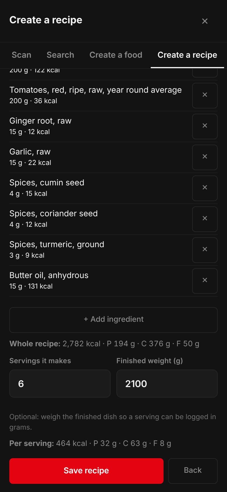 The Chicken biryani recipe on a phone: its ingredients and their calories, the whole recipe at 2,782 kcal, 6 servings, a finished weight of 2,100 g and 464 kcal per serving.