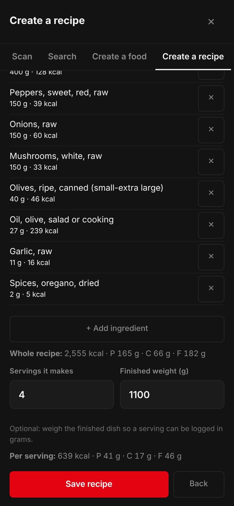 The Chicken cacciatore recipe on a phone: its ingredients and their calories, the whole recipe at 2,555 kcal, 4 servings, a finished weight of 1,100 g and 639 kcal per serving.