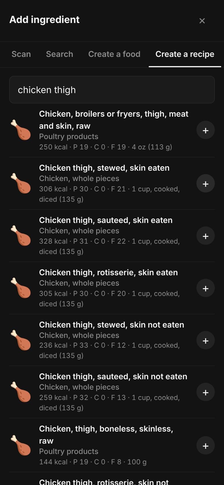 Add ingredient on a phone with “chicken thigh” typed in the search box and matching library entries listed, each with its calories and a portion.