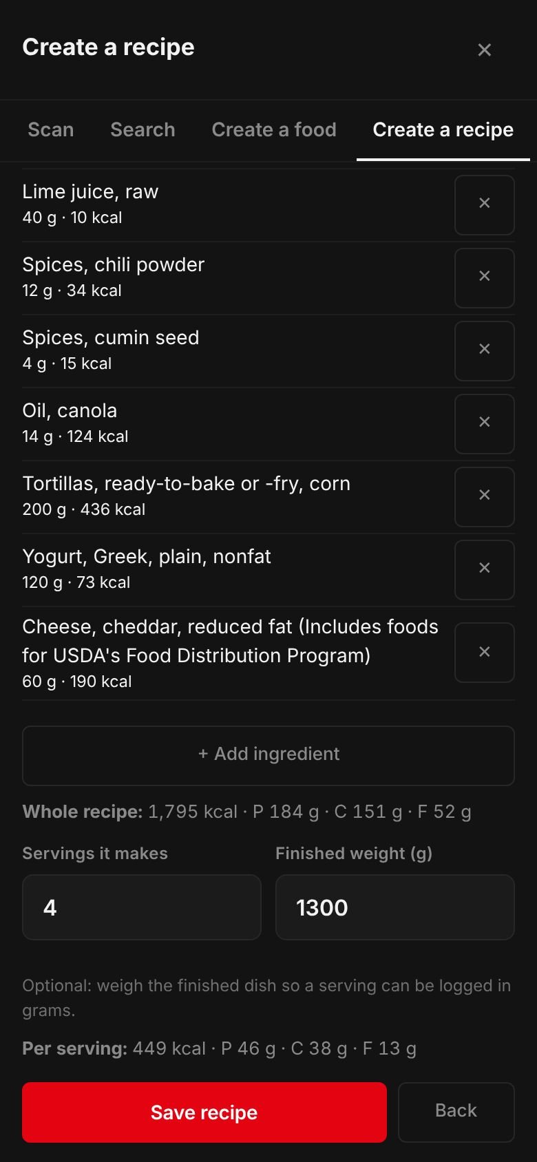 The Chicken fajitas recipe on a phone: its ingredients and their calories, the whole recipe at 1,795 kcal, 4 servings, a finished weight of 1,300 g and 449 kcal per serving.