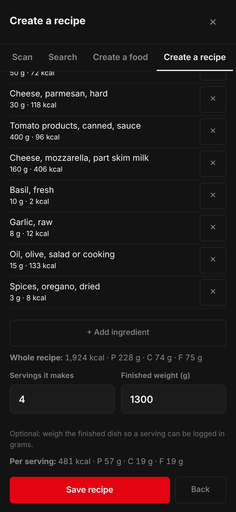 The Chicken parmesan recipe on a phone: its ingredients and their calories, the whole recipe at 1,924 kcal, 4 servings, a finished weight of 1,300 g and 481 kcal per serving.