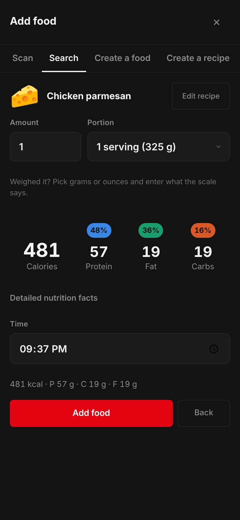 The saved Chicken parmesan recipe ready to log: one serving of 325 g at 481 kcal with 57 g protein, 19 g carbs and 19 g fat.