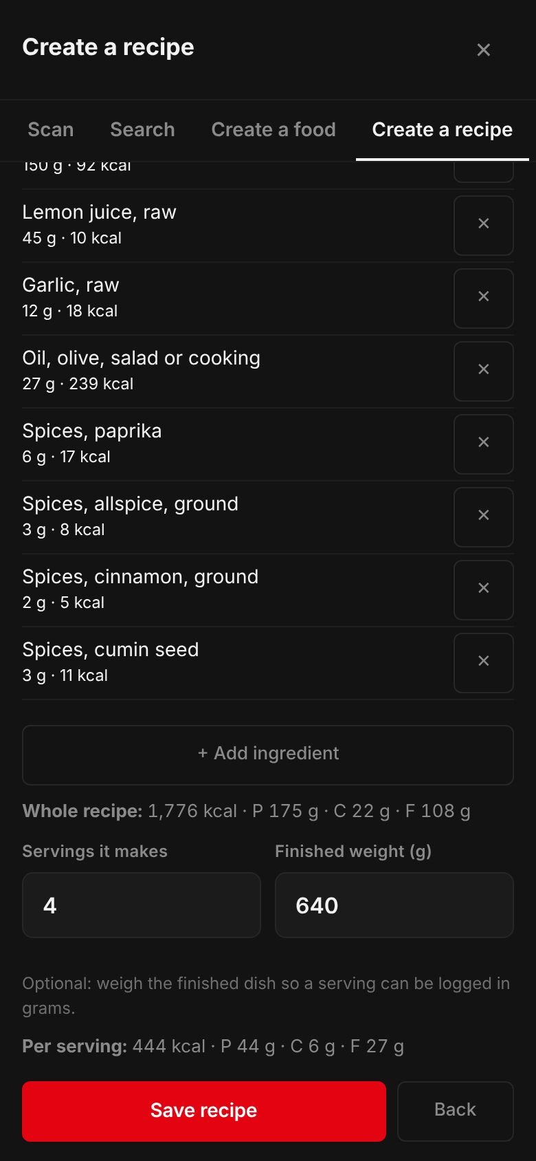 The Chicken shawarma (oven tray) recipe on a phone: its ingredients and their calories, the whole recipe at 1,776 kcal, 4 servings, a finished weight of 640 g and 444 kcal per serving.