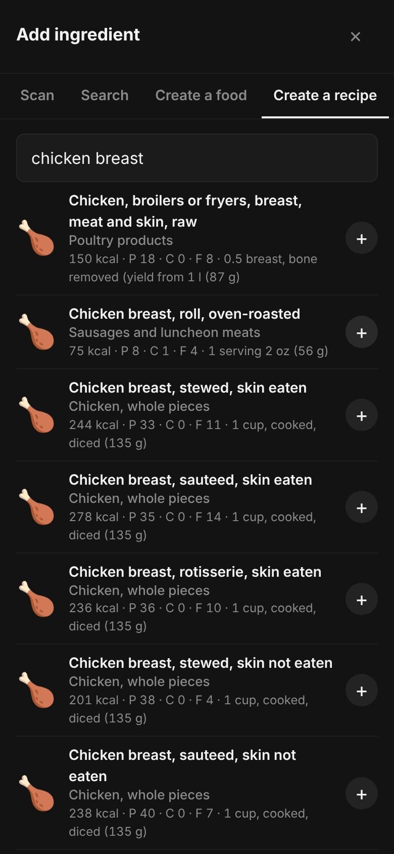 Add ingredient on a phone with “chicken breast” typed in the search box and matching library entries listed, each with its calories and a portion.