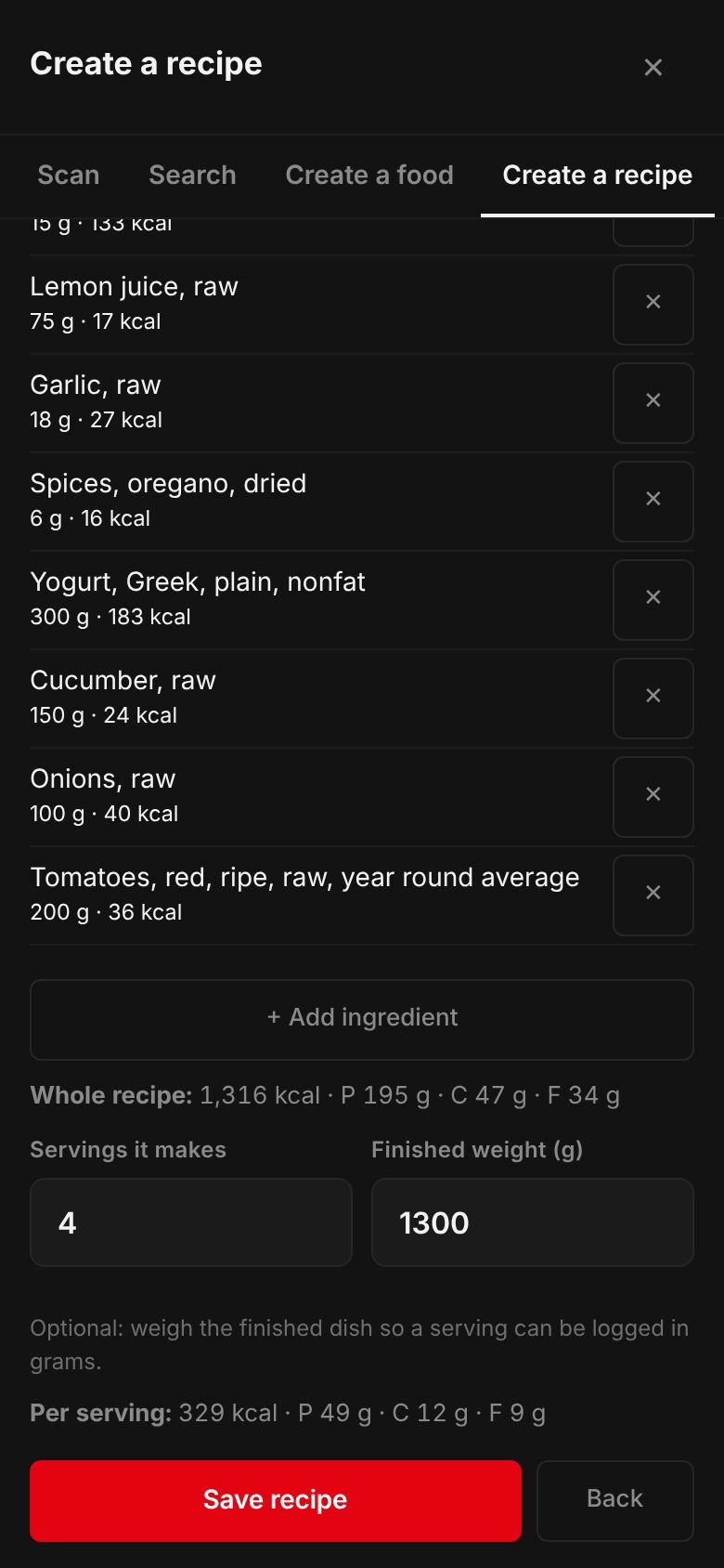 The Chicken souvlaki recipe on a phone: its ingredients and their calories, the whole recipe at 1,316 kcal, 4 servings, a finished weight of 1,300 g and 329 kcal per serving.