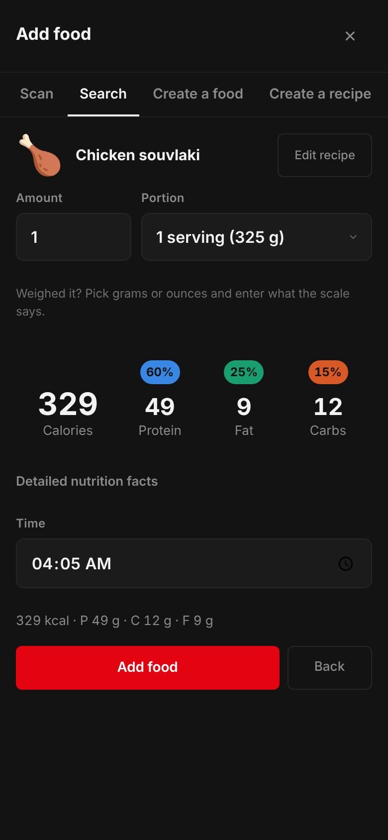The saved Chicken souvlaki recipe ready to log: one serving of 325 g at 329 kcal with 49 g protein, 12 g carbs and 9 g fat.