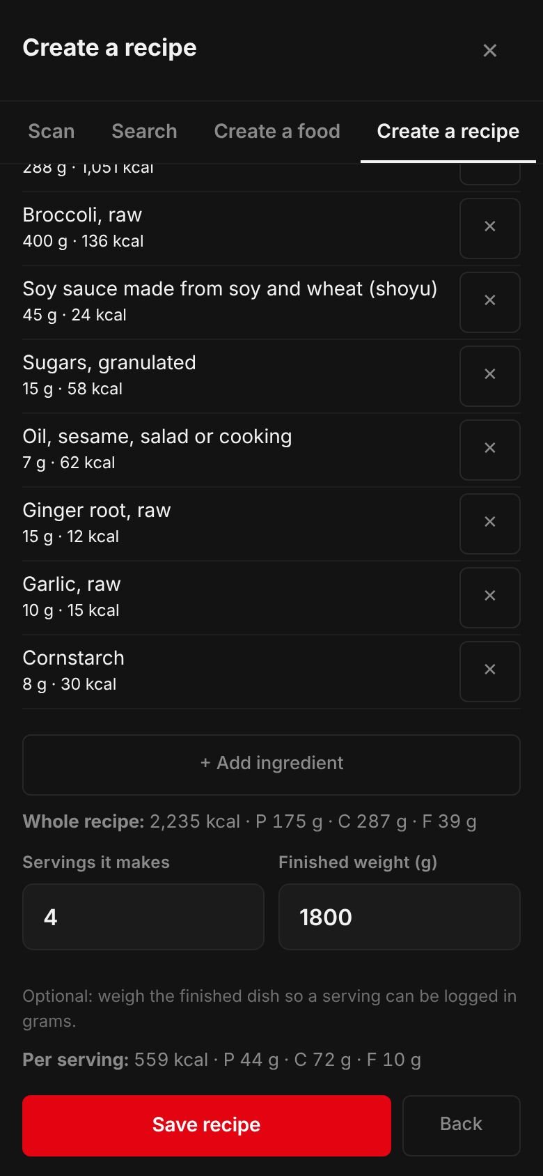 The Chicken teriyaki recipe on a phone: its ingredients and their calories, the whole recipe at 2,235 kcal, 4 servings, a finished weight of 1,800 g and 559 kcal per serving.
