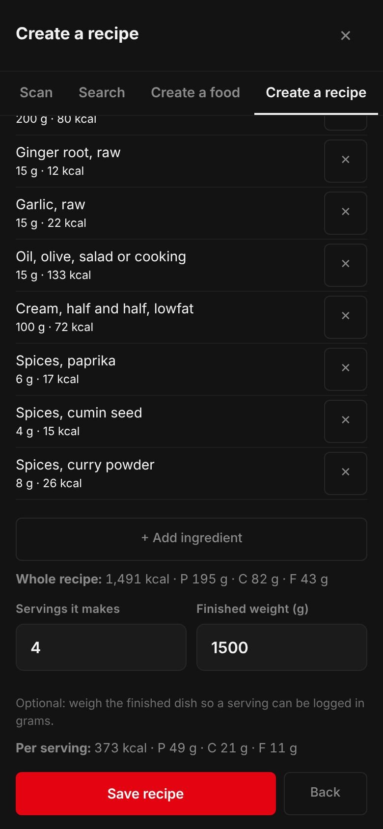 The Chicken tikka masala recipe on a phone: its ingredients and their calories, the whole recipe at 1,491 kcal, 4 servings, a finished weight of 1,500 g and 373 kcal per serving.