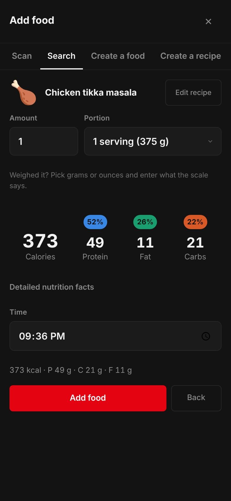 The saved Chicken tikka masala recipe ready to log: one serving of 375 g at 373 kcal with 49 g protein, 21 g carbs and 11 g fat.