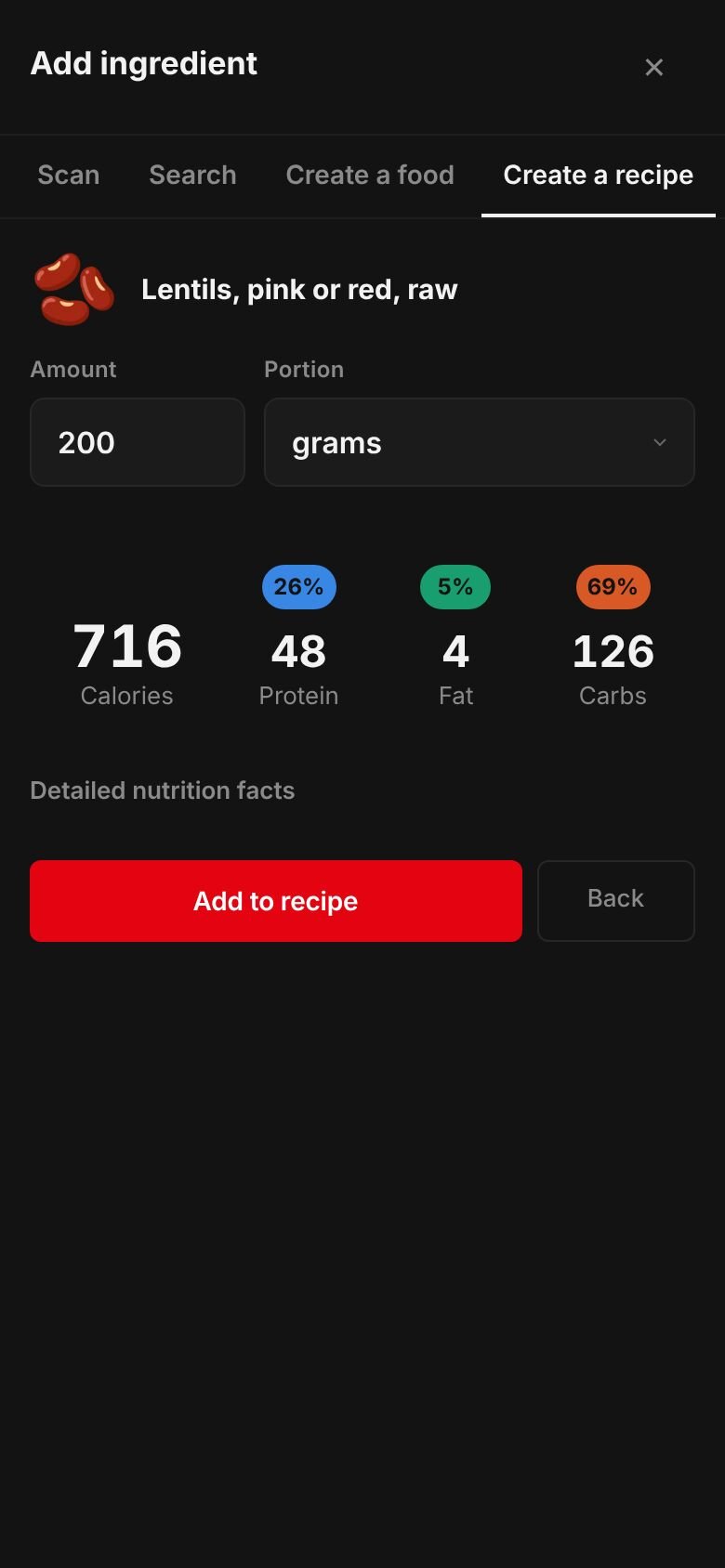 The amount sheet for red lentils, raw: 200 grams giving 716 calories, 48 g protein, 126 g carbs and 4 g fat, with an Add to recipe button.