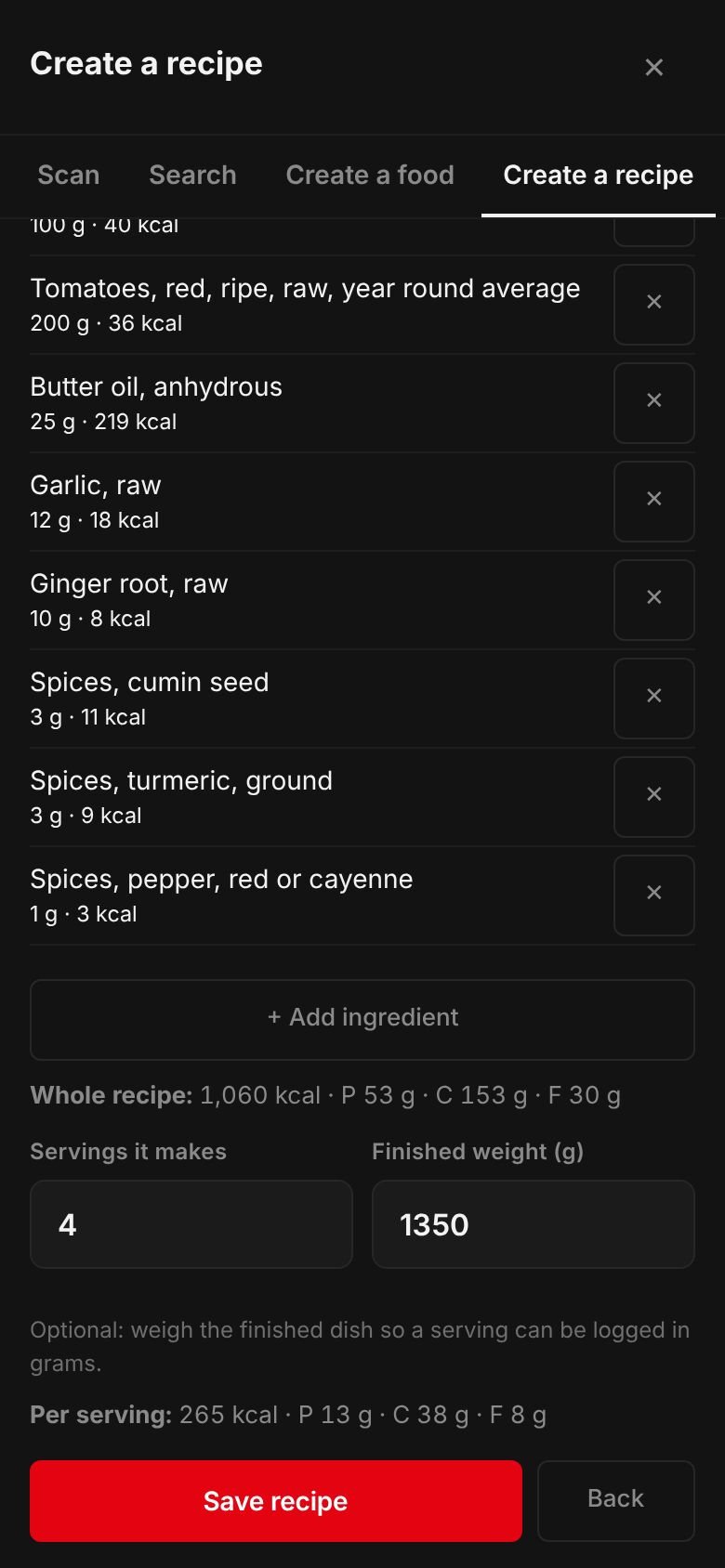 The Dal tadka recipe on a phone: its ingredients and their calories, the whole recipe at 1,060 kcal, 4 servings, a finished weight of 1,350 g and 265 kcal per serving.