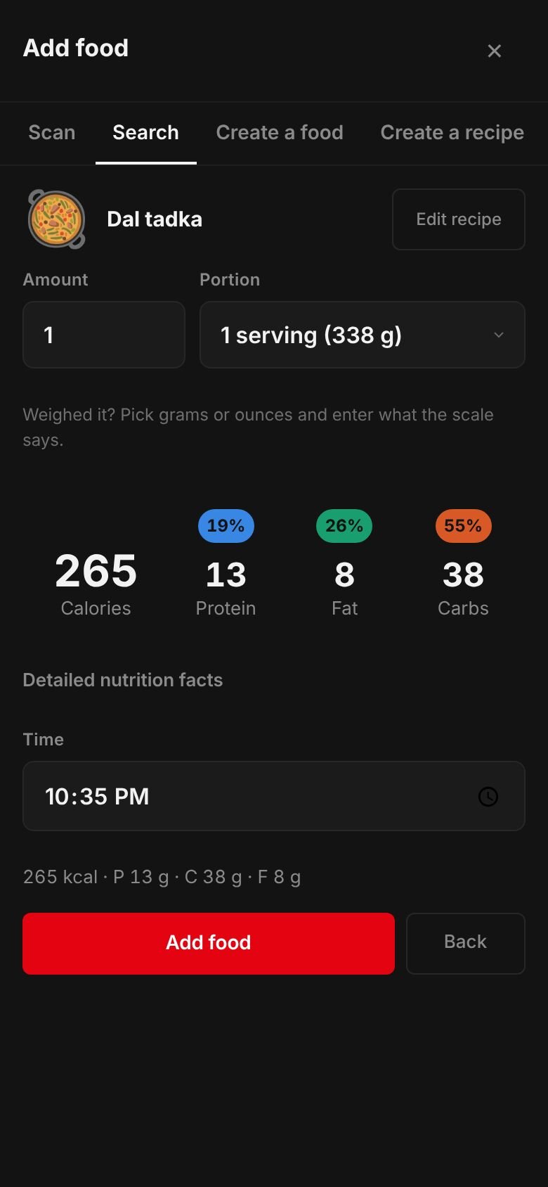 The saved Dal tadka recipe ready to log: one serving of 338 g at 265 kcal with 13 g protein, 38 g carbs and 8 g fat.
