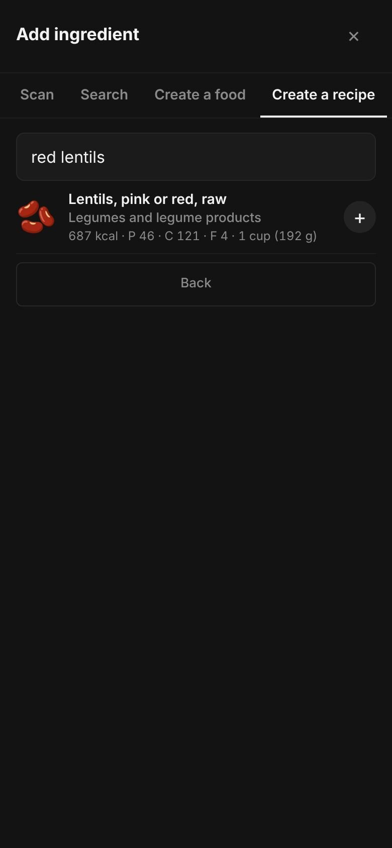 Add ingredient on a phone with “red lentils” typed in the search box and matching library entries listed, each with its calories and a portion.