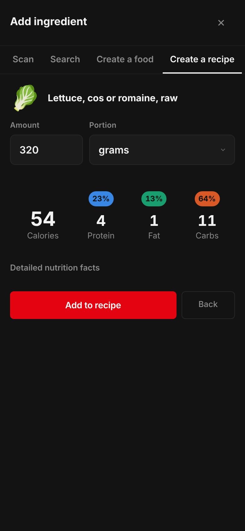 The amount sheet for romaine lettuce, raw: 320 grams giving 54 calories, 4 g protein, 11 g carbs and 1 g fat, with an Add to recipe button.