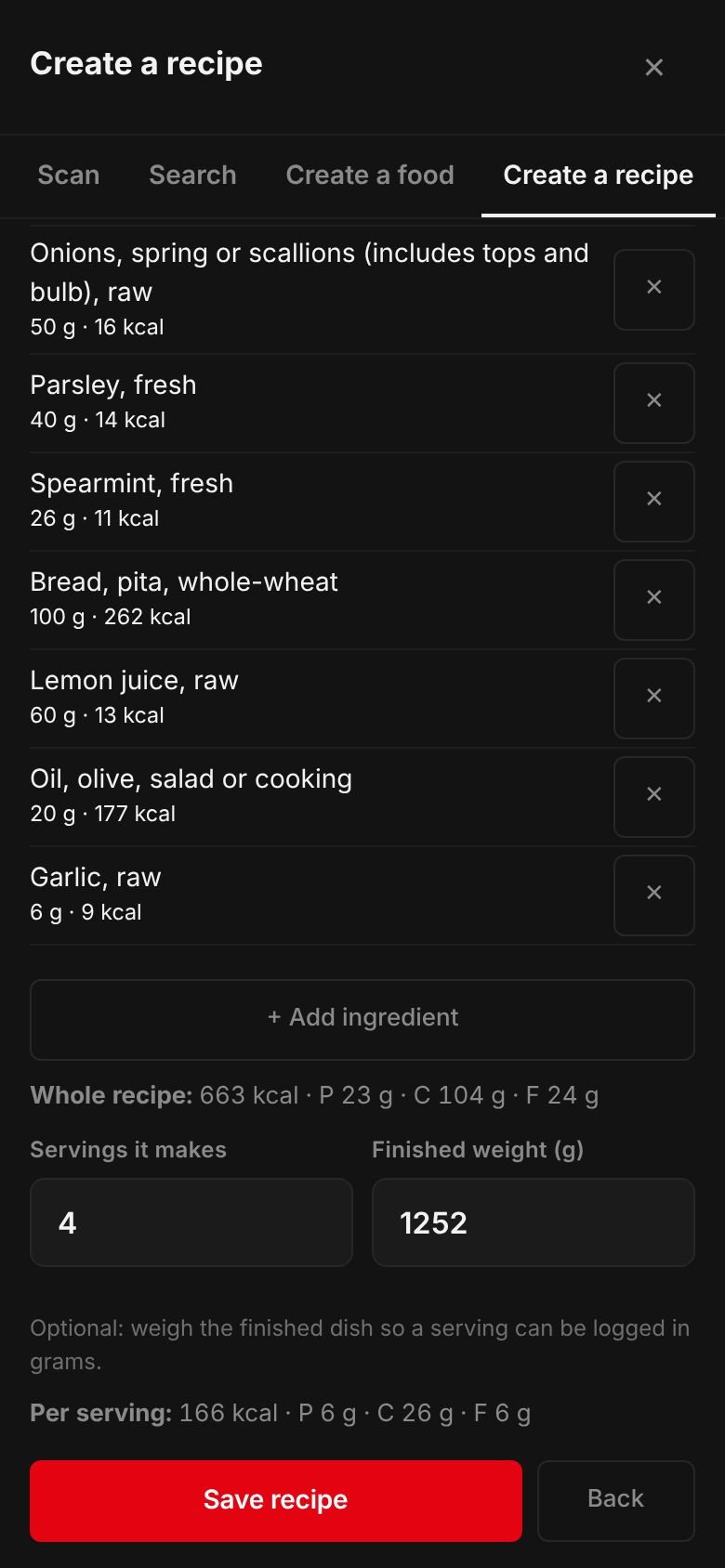 The Fattoush recipe on a phone: its ingredients and their calories, the whole recipe at 663 kcal, 4 servings, a finished weight of 1,252 g and 166 kcal per serving.