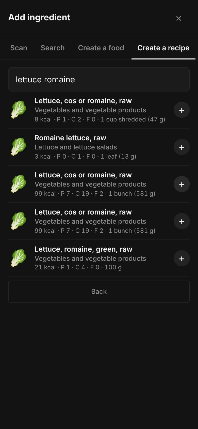 Add ingredient on a phone with “lettuce romaine” typed in the search box and matching library entries listed, each with its calories and a portion.