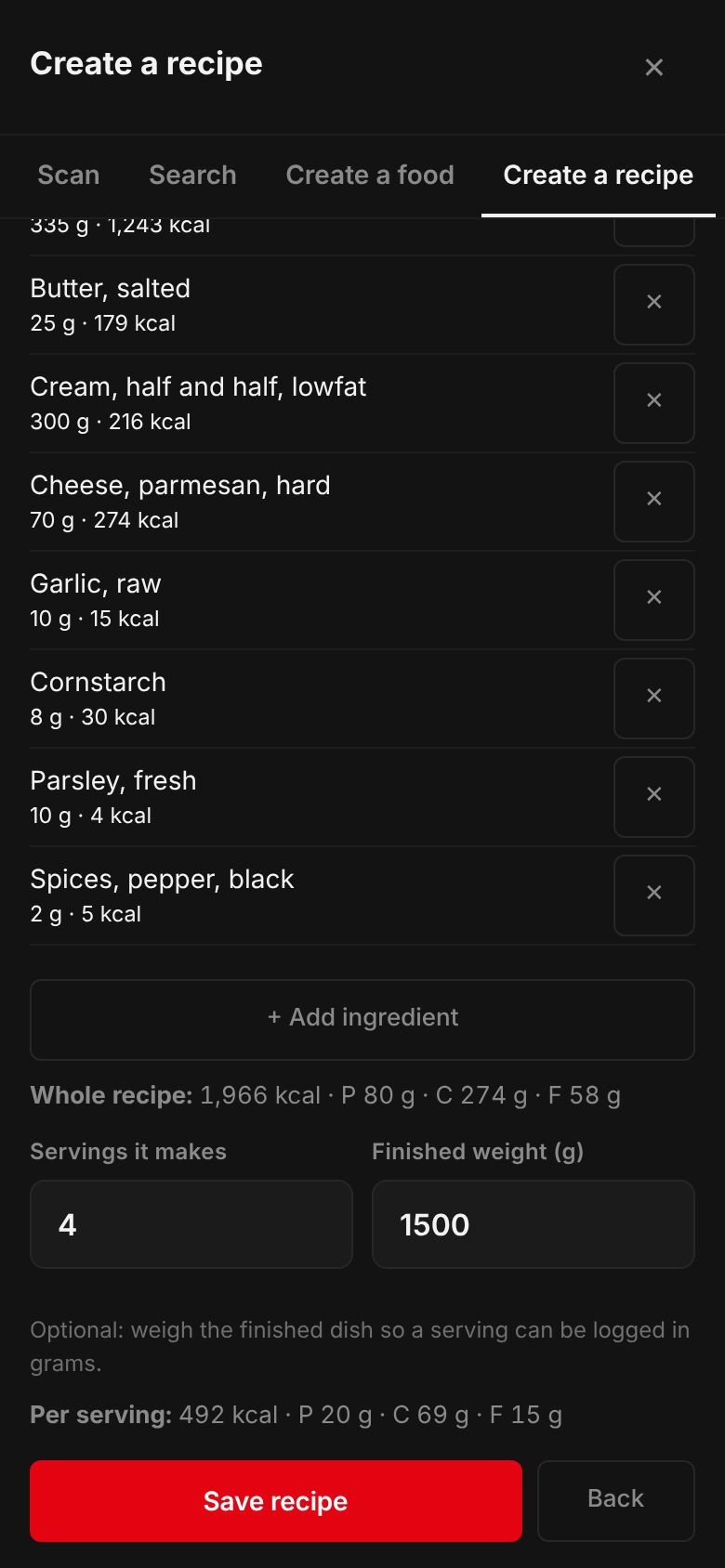 The Fettuccine Alfredo recipe on a phone: its ingredients and their calories, the whole recipe at 1,966 kcal, 4 servings, a finished weight of 1,500 g and 492 kcal per serving.
