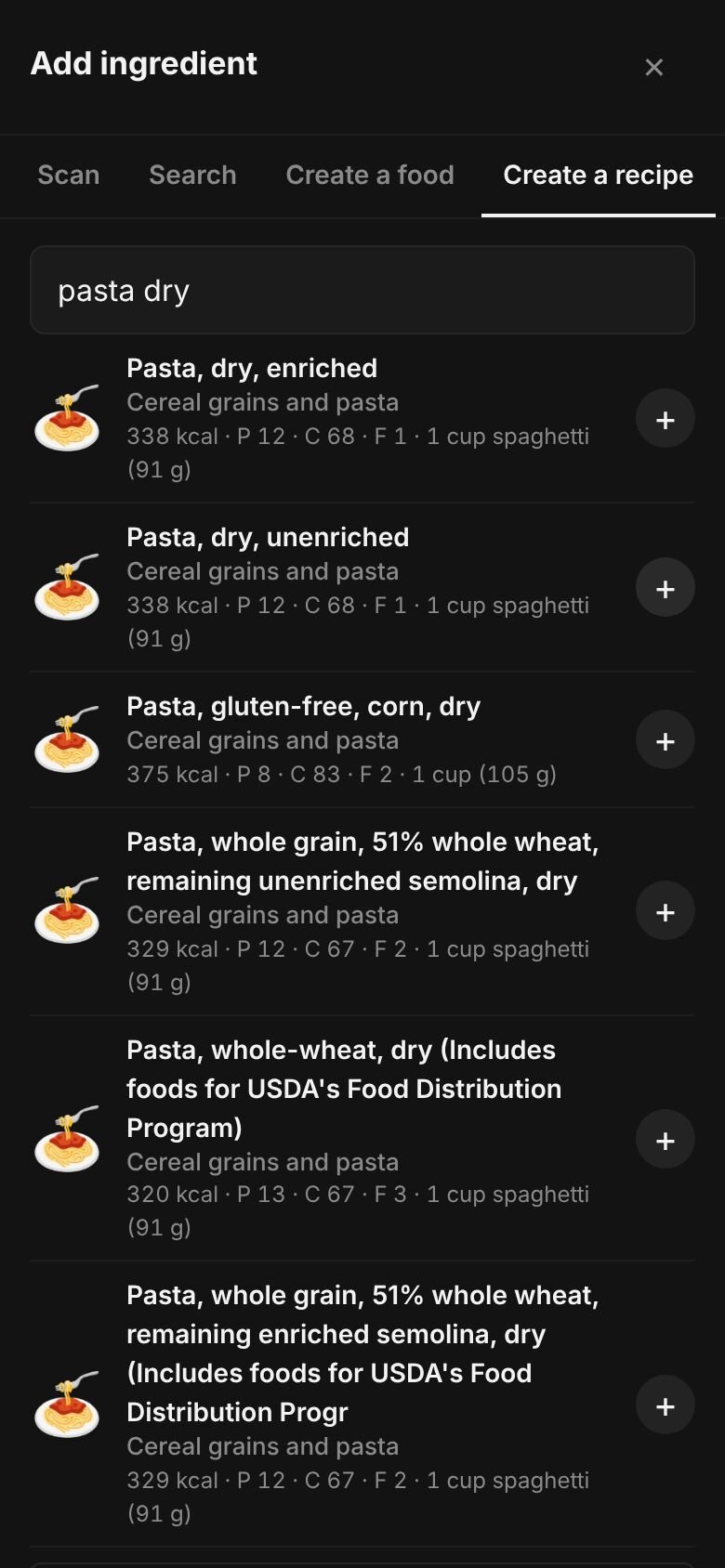 Add ingredient on a phone with “pasta dry” typed in the search box and matching library entries listed, each with its calories and a portion.