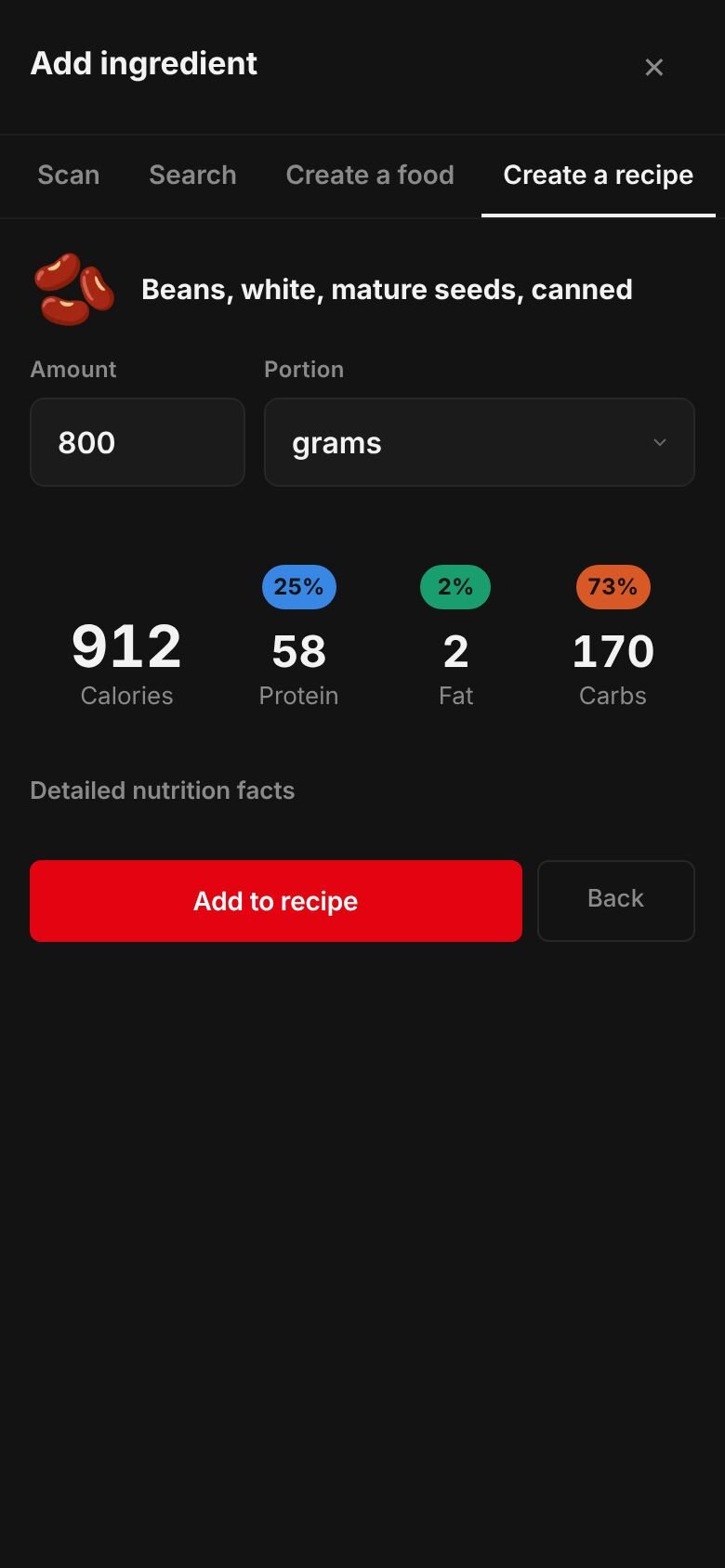 The amount sheet for white beans, canned: 800 grams giving 912 calories, 58 g protein, 170 g carbs and 2 g fat, with an Add to recipe button.