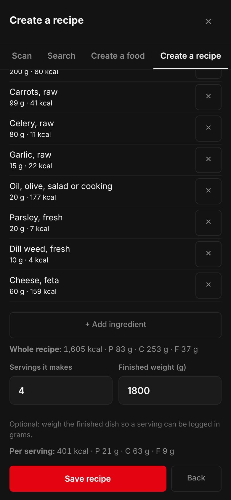 The Gigantes plaki recipe on a phone: its ingredients and their calories, the whole recipe at 1,605 kcal, 4 servings, a finished weight of 1,800 g and 401 kcal per serving.