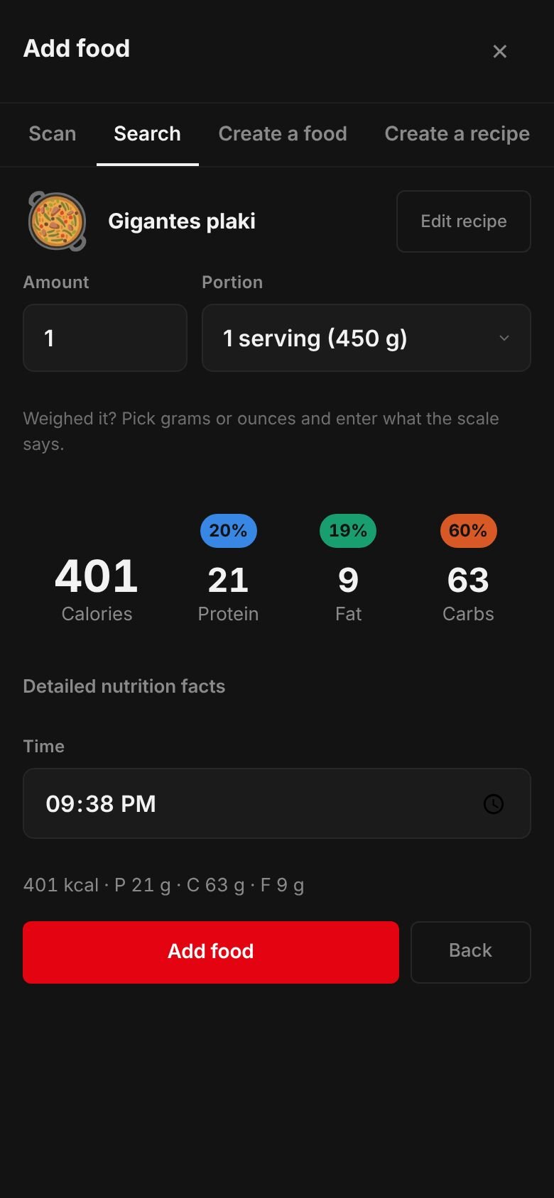 The saved Gigantes plaki recipe ready to log: one serving of 450 g at 401 kcal with 21 g protein, 63 g carbs and 9 g fat.