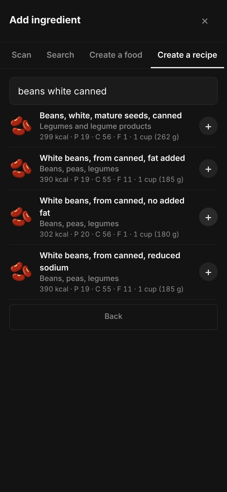 Add ingredient on a phone with “beans white canned” typed in the search box and matching library entries listed, each with its calories and a portion.