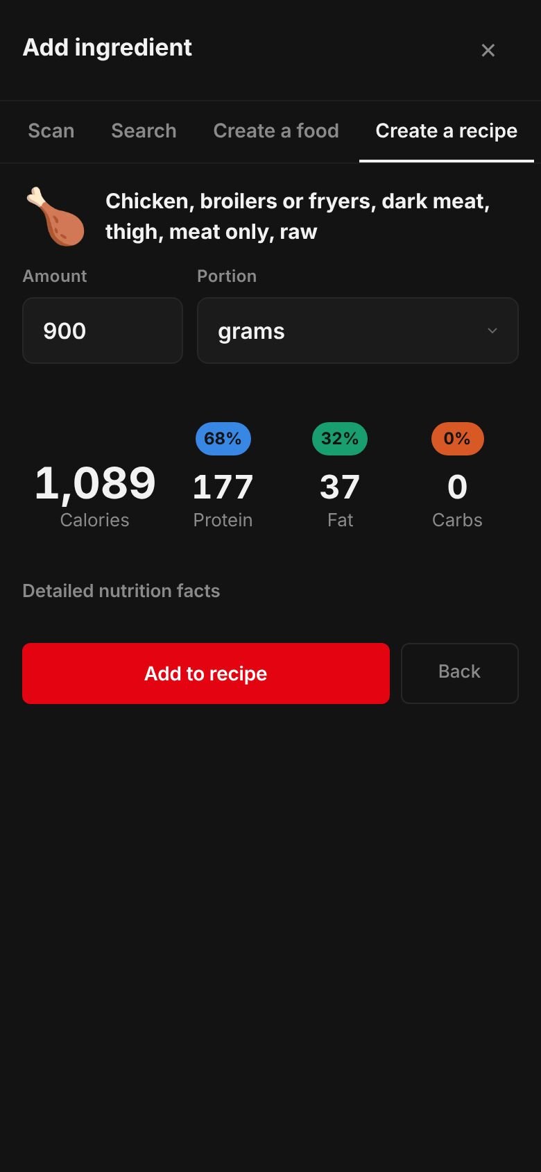 The amount sheet for chicken thigh, meat only, raw: 900 grams giving 1,089 calories, 177 g protein, 0 g carbs and 37 g fat, with an Add to recipe button.