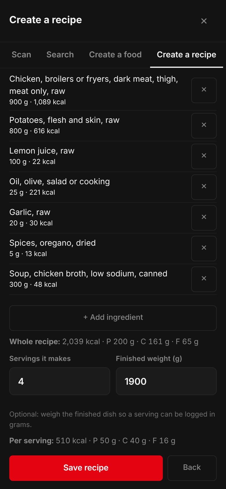 The Greek lemon chicken and potatoes recipe on a phone: its ingredients and their calories, the whole recipe at 2,039 kcal, 4 servings, a finished weight of 1,900 g and 510 kcal per serving.
